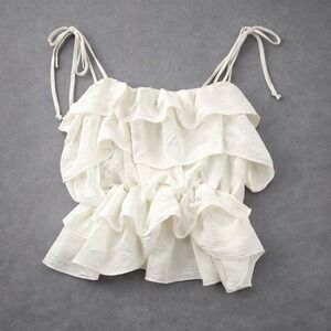 Peach Love California White Ruffle Cami Top Small Boho Tie Strap Cropped Tank
